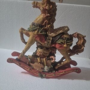 Vintage Rocking Horse Figurine with Red and Green Accents